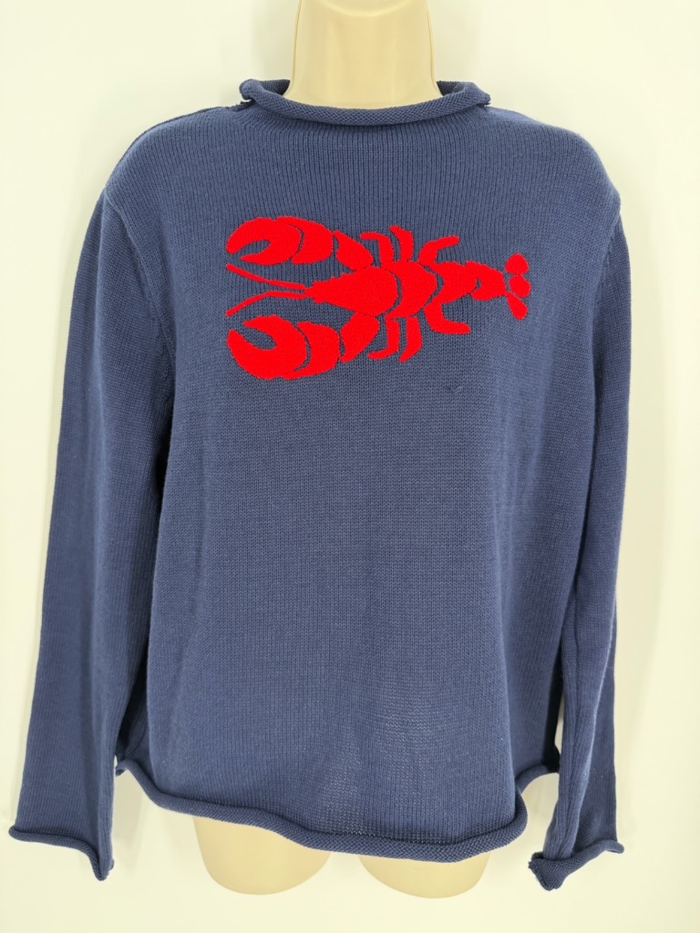 Navy Cotton Roll Neck Sweater Embroidered Red Lobster M/L Coastal Nautical - Picture 2 of 9